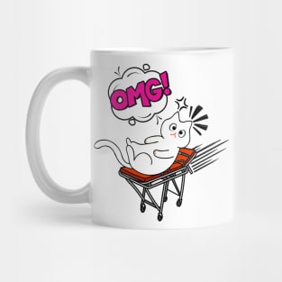 Funny White Cat is on a runaway stretcher Mug